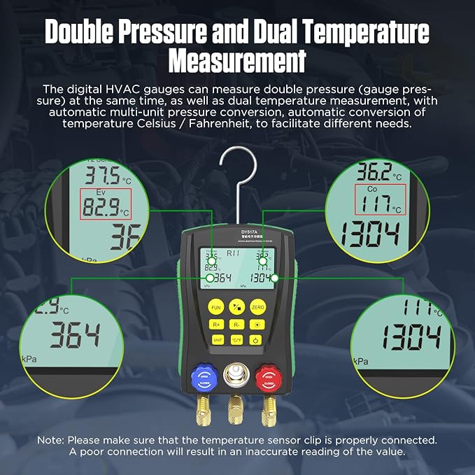 Digital Manifold HVAC Gauges Set with Pressure & Temp Test, Digital Refrigerant Gauges for R410A R22 R134A Built-in 89 Refrigerant Database, HVAC Gauges Set with Refrigerant Hoses,Temp Clips
