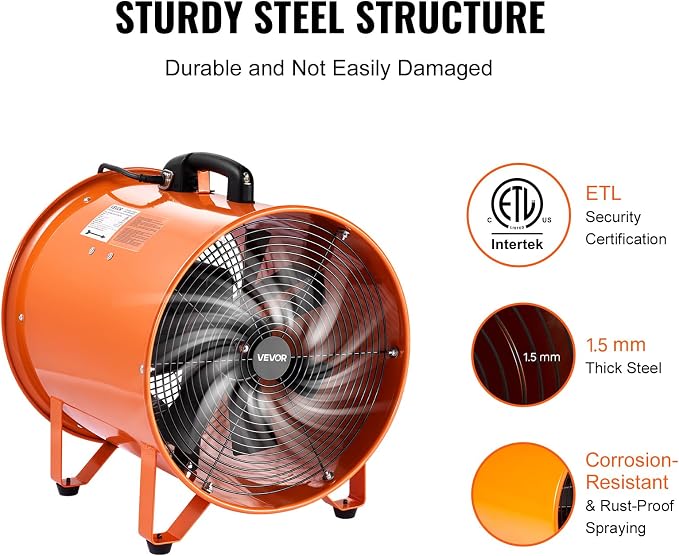 VEVOR 16 Inch Utility Blower Fan, 2 Speed 5175 CFM Heavy Duty Cylinder Axial Exhaust Fan with 16.4ft Duct Hose, Industrial Portable Confined Space Ventilator for basements, warehouse, Workshop