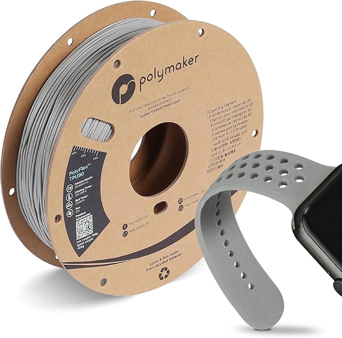 Polymaker TPU Filament 1.75mm Grey, 0.75kg Shore 90A Flexible 3D Printer Filament 1.75mm - PolyFlex TPU90 3D Printing TPU Filament 0.75kg Grey Soft Flexible Filament