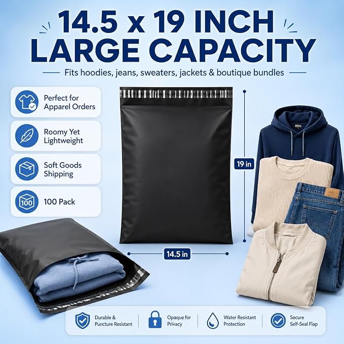 Fuxury Large Poly Mailers 14.5x19" 200Pcs,Shipping Bags for Clothing,Black | Heavy Duty Self Seal Mailing Envelopes,Durable Opaque Packaging Mailers Poly Bag For Large Clothes Business,Boutique&Online