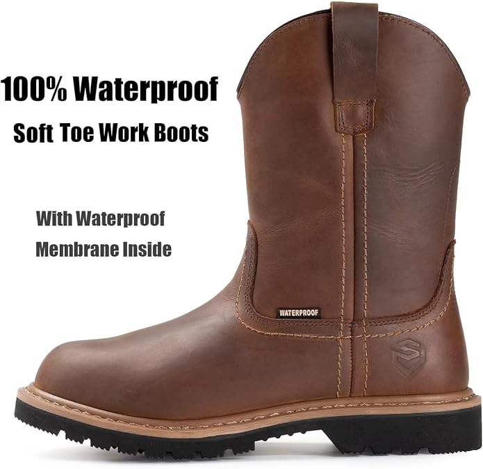 SUREWAY Mens 10 in Soft/Steel Toe Waterproof Wellington Boot,Heavy Duty Pull On Work Boots for Men,Full Grain Leather,Goodyear Welted,Superior Slip Resistant