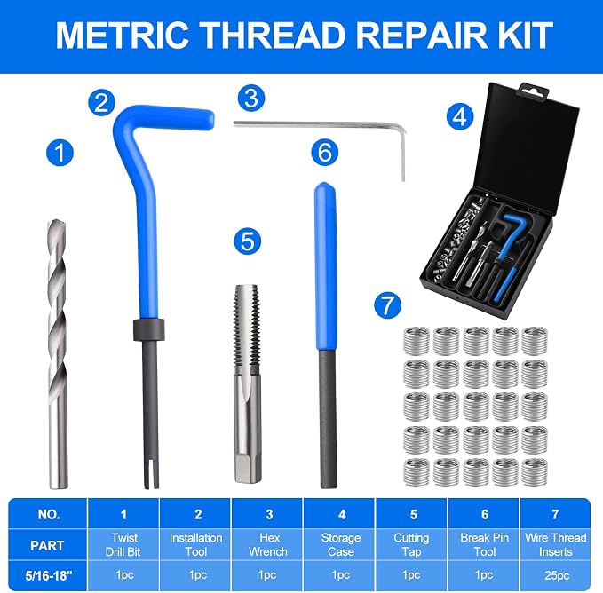 30PC SAE Helicoil Thread Repair Insert Kit, 5/16-18 inch Rethread | helicoil Thread Repair kit with HSS Drill Bits, Rethreading Inserts Tool Set for Damaged Thread Repairing with Carry Case