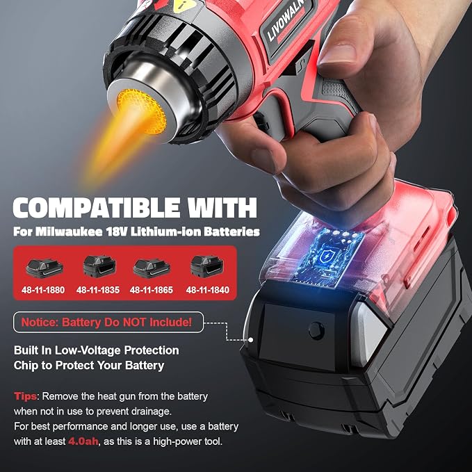 LIVOWALNY Heat Gun Compatible with Milwaukee 18V Battery (Tool Only) 350W Cordless Battery Powered Heat Gun 122℉~1022℉ (50℃~550℃) -Variable Temperature Control w/LED Digital Display for Shrink Tubing