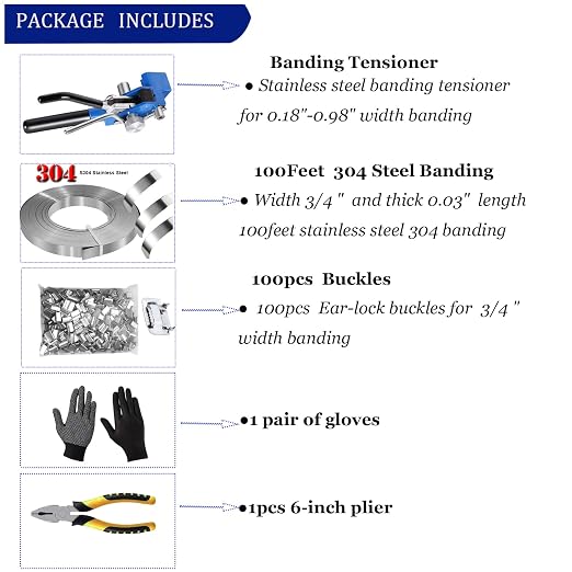 Steel Strapping KIT,Metal Banding Strapping Tool Pallet Banding Kit with Ratchet Tensioner and Cutter，Metal Belt Packaging Machine with 100pcs Buckle 3/4" x 100 Feet Steel Banding Coil
