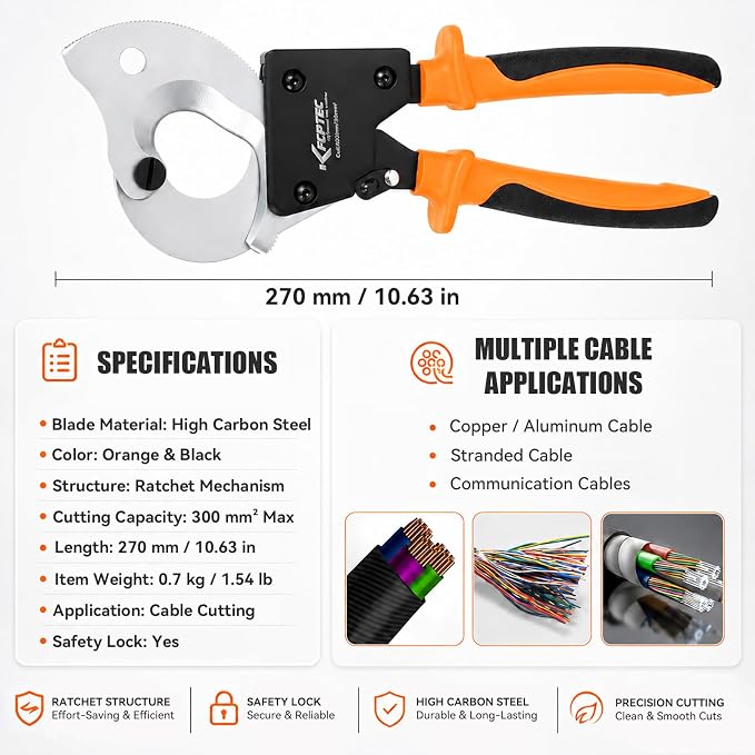 KF CPTEC Ratchet Cable Wire Cutter Heavy Duty, Cutting Tool for Electrical Aluminum, Copper and Multi-core Cables up to 300mm² / AWG 600MCM, Ergonomic Handle