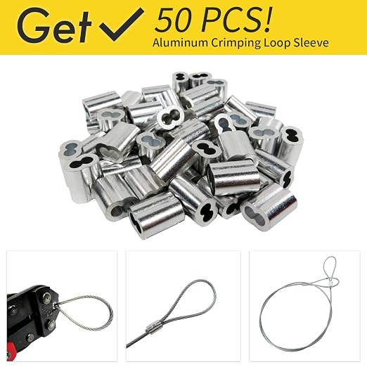 1/16 Wire Rope, 100FT 304 Stainless Steel Cable with 50Pcs Crimp Sleeves, Aircraft Grade, 7x7 Strand, 368lbs Breaking Strength, for Garden Trellis, Clothesline, Railing,Trellis