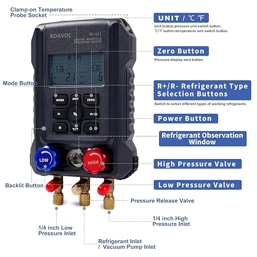 Digital Manifold Gauge, HVAC Refrigerants Digital AC Gauges Set with 2 Thermometer Clamps and 3 Hoses, for R22/R410A/R134A/1234YF Refrigerant Recharge Kit