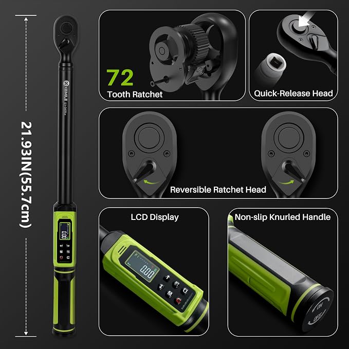 Digital Torque Wrench 1/2"Drive-3.8-250.8Ft.Lb for Car Truck Wheels | Electric Torque Wrench(5.1-340N.m), Vibration Buzzer LED Indicator,±2% Acc. 5 Units for Auto Repair, DIYers RV Owners Farmers