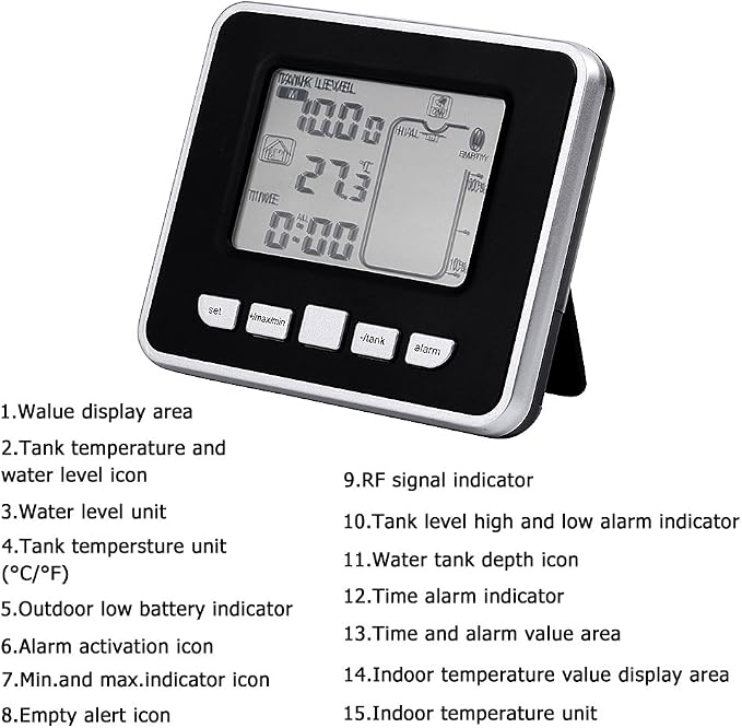 Mugast Ultrasonic Level Sensor Water Liquid Level Sensor Transmitter with LCD Temperature Display Supports Liquid Level High/Low Alarm