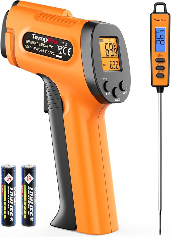 TempPro Temperature Gun, Infrared Thermometer Gun with Laser, Laser Thermometer Gun -58-1022 ℉, Meat Thermometer Digital with Super Long Probe, Food Thermometer for Cooking, Gift for Dad Him Husband