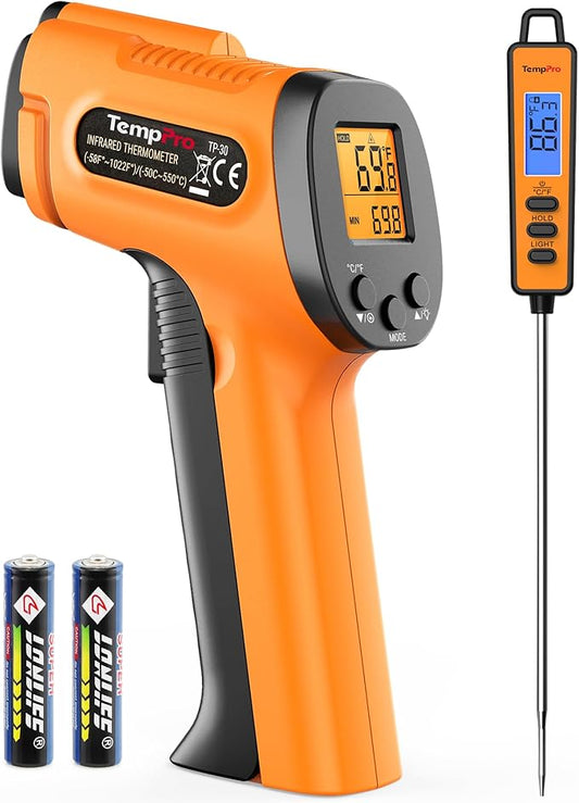 TempPro Temperature Gun, Infrared Thermometer Gun with Laser, Laser Thermometer Gun -58-1022 ℉, Meat Thermometer Digital with Super Long Probe, Food Thermometer for Cooking, Gift for Dad Him Husband