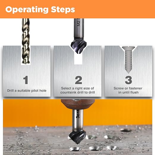 Countersink Drill Bit Set, 5 Pieces M2 High Speed Steel with 82 Degree, 3 Spiral Flutes, Tri-Flat Shank, Cutter Bit Countersink in Size 1/4" 3/8" 1/2" 5/8" 3/4" for Wood, Metal, Plastic...