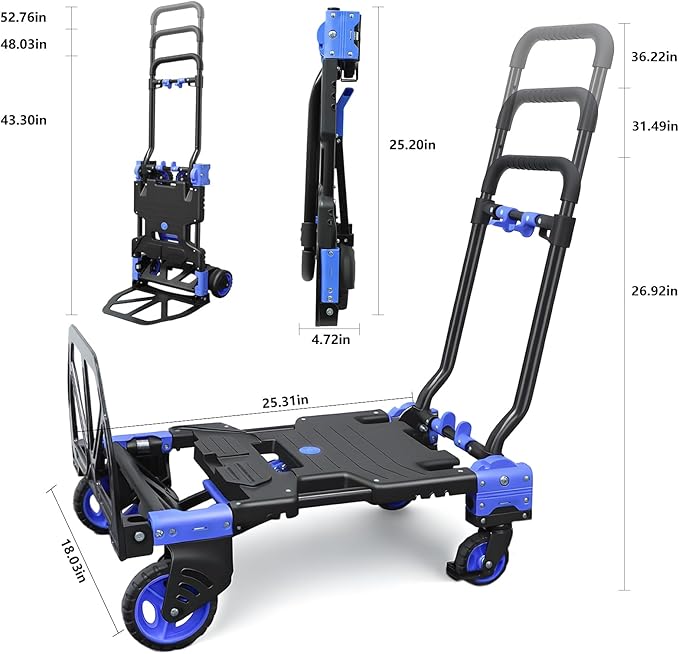 2 in 1 Folding Hand Truck with 2 Folding Basket,330lbs Capacity Heavy Duty Hand Truck,with Telescoping Handle and Rubber Wheels,Portable Dolly Cart with Bungee Cords for Moving,Travel,Shopping