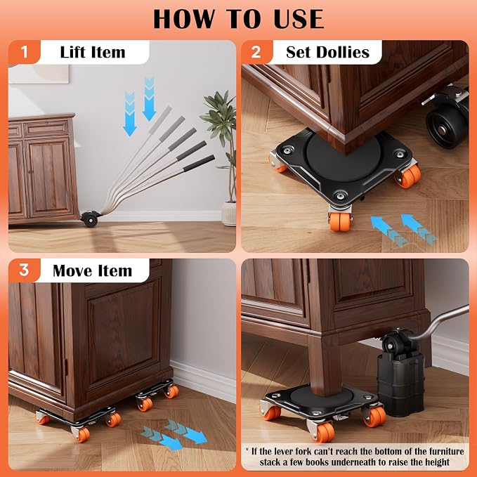 Heavy Duty Furniture Movers with 10 Wheels, Dual-Wheel Caster Square Dollies with Furniture Lifter and Base, 360° Swivel Casters, Non-Slip Pads, Up to 4000 lbs Load Capacity