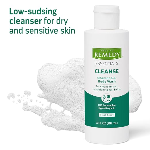 Medline Remedy ESSENTIALS Shampoo and Body Wash, 2 Fl Oz, Fresh Scent, Full Body Cleanser with Aloe, For Adults & Elderly, Easy Rinse Gel for Bath, Shower or Bedside Bathing