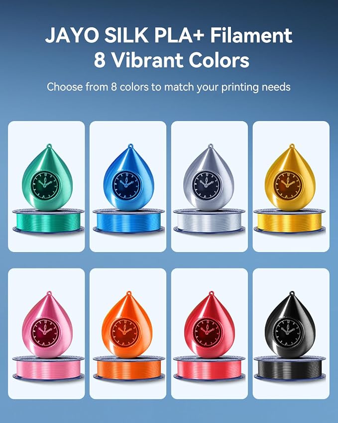 JAYO Silk PLA Filament Bundle 1.75mm, Silk 3D Printer Filament Bundle Multicolor, Individually Vacuum Packed, 8 Pack, Shiny Silk 2KG in Total, Light Gold+Silver+Black+Blue+Red+Green+Orange+Pink