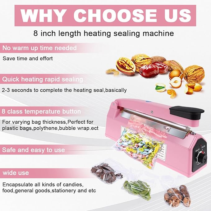 8 Inch Impulse Sealer, Manual Heat Sealer Machine for Mylar Bags, Shrink Wrap Bag Sealers Sealing Machine for Plastic PE PP Bags with 3 Free Replacements Kit Element Grip, Pink