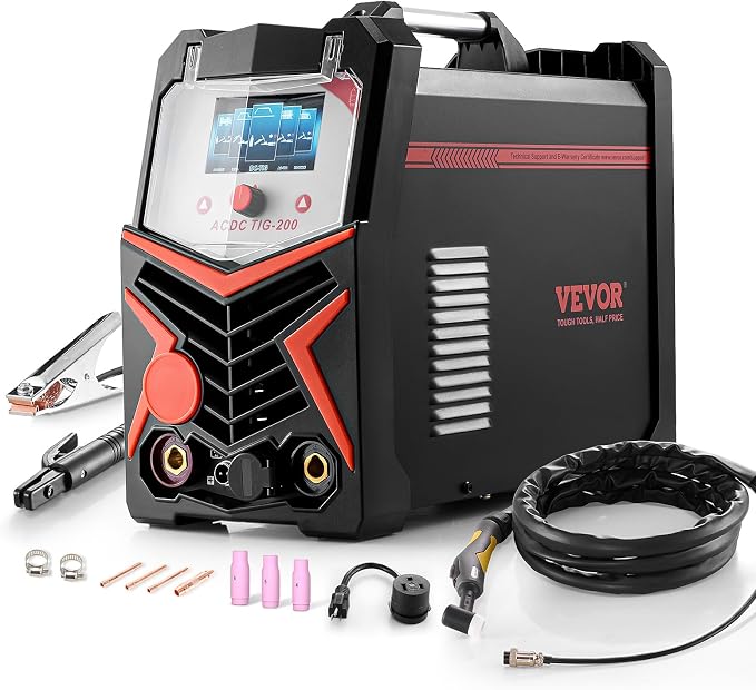 VEVOR TIG Welder, 200A 6-In-1 Aluminum Welding Machine (LED Display) - AC TIG/DC TIG/AC Pulse TIG/DC Pulse TIG/Spot TIG/MMA(Stick), 110&220V Dual Voltage Electric Welder with Synergic Control IGBT