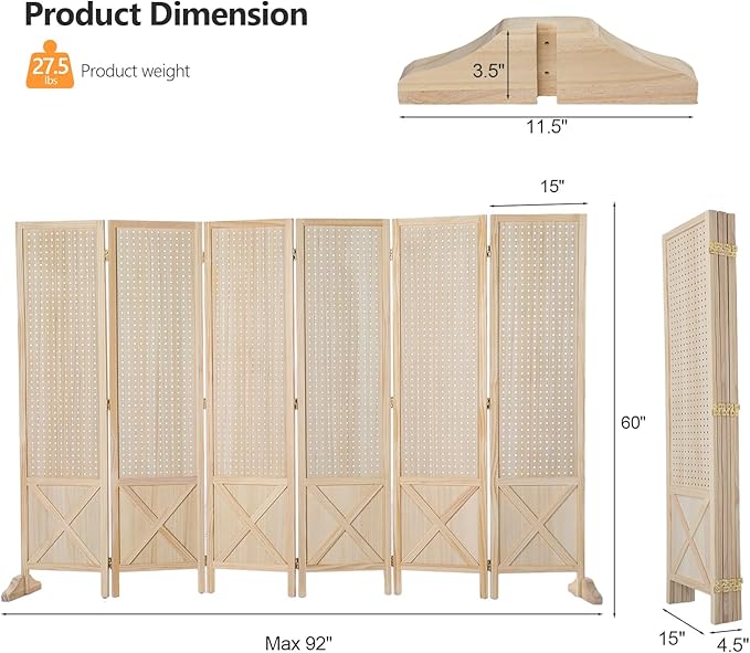 VINGLI Freestanding Pegboard with Support Feet, 5 FT Wood Room Divider Display Board Organizer, Folding Privacy Screen Partition Space Separator for Craft Shows Events Retail (Natural, 6 Panel)