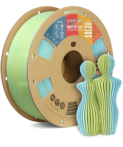 OVERTURE Matte PLA 1.75mm, Low Warp & Smooth Finish 3D Printer Filament | Frosted Matt Finish Hides Layer Lines, 1kg Spool (2.2lbs) Cardboard Spool, Fit Most FDM Printer (Light Blue-Yellow)