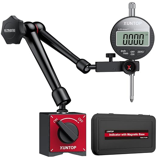 XUNTOP Digital Dial Indicator with 176lbs/80kg Magnetic Base, 1inch/0.0005inch Dial Gauge with Inch/Metric Conversion LCD Display Digital Dial Indicator Set for Lathe,3D Printer,CNC, Indusrial