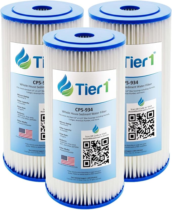 Tier1 5 Micron 10 x 4.5 Water Filter | Pleated Polyester Whole House Sediment Filter Cartridge | Replacement for Pentek CP5-BB, Culligan CP5-BBS-D, CP5-934, W5CPHD | 4.5 x 10 Water Filter (3-Pack)