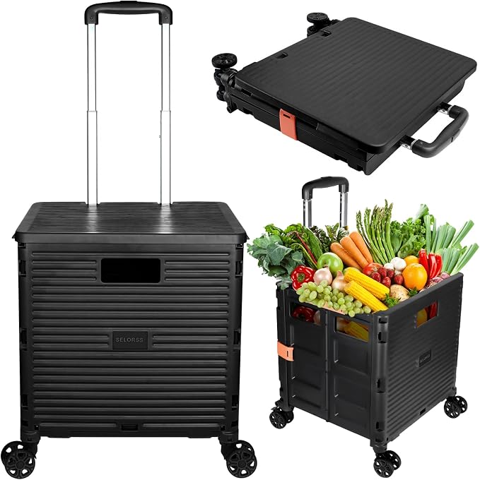 Foldable Utility Cart Portable Collapsible Crate Rolling Carts with Wheels Rolling Tote Basket Teacher Cart with Lid Wear-Resistant 360°Rotate Wheel Noiseless for Shopping Storage Office Use