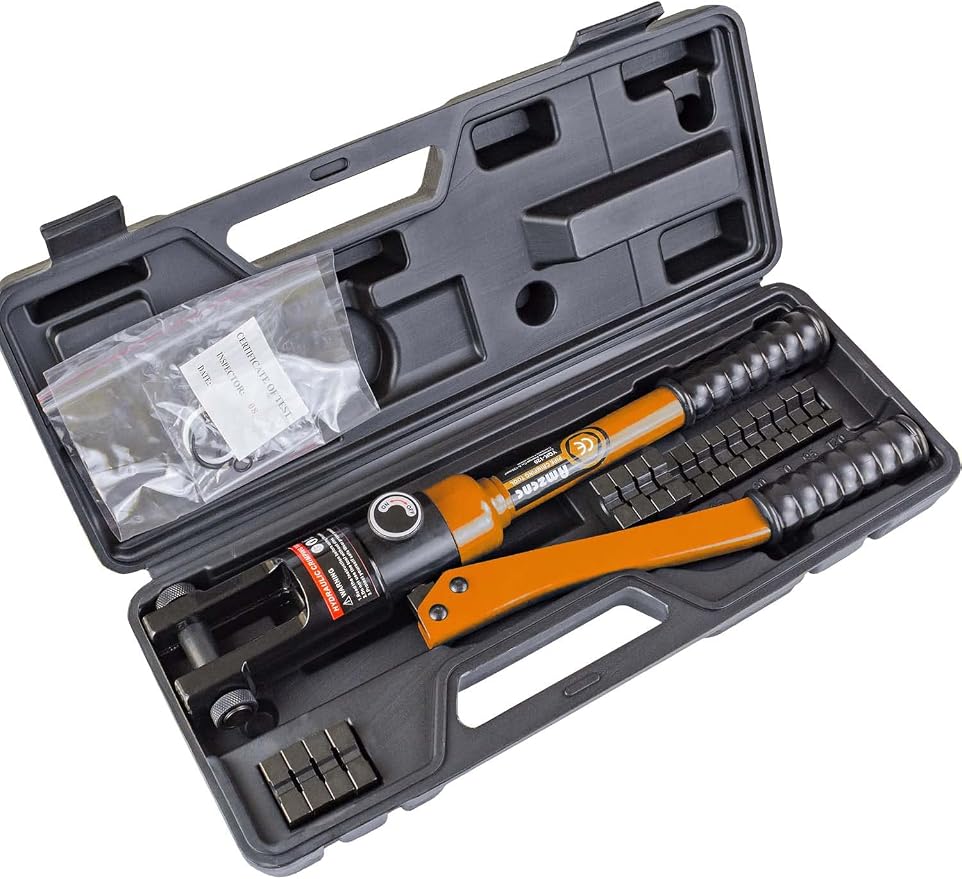 AMZCNC Hydraulic Crimping Tool - 12T Crimping Force, 9 Pairs of Standard US cable Dies (8AWG-4/0AWG) - Professional Grade Battery Cable Crimper for Secure Connections, Electrical Projects, and More