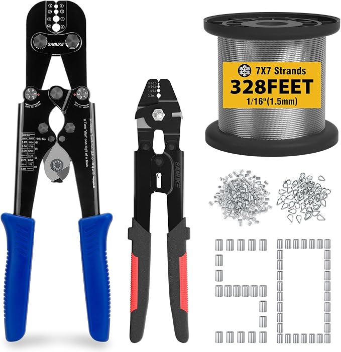 Sanuke Wire Rope Crimping Tool Kit with 328ft 1/16" Stainless Steel Cable, Aluminum Crimp Loop Sleeves and Wire Rope Stainless Steel Thimble From 1/64-inch to 1/8-inch