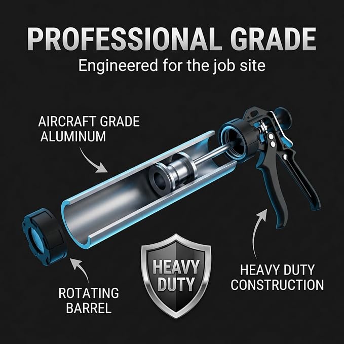 Heavy Duty Caulking Gun | 12:1 Manual Caulk Gun | 20oz Sausage Foil Pack Cartridges 600ml | No Drip Professional Calking for Painters, DIYers, Automotive, Contractors