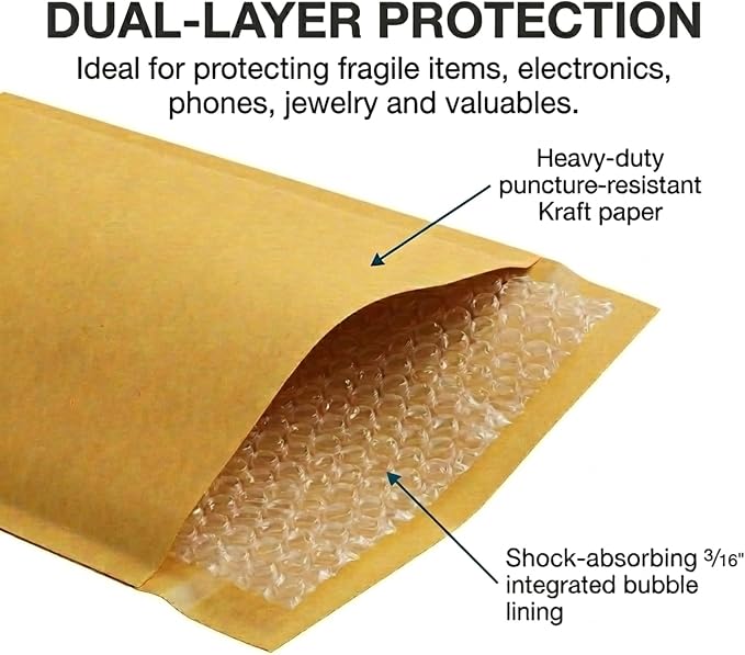 BOX USA 7 1/4 x 12" Kraft Bubble Mailers (100-Pack) - Brown Padded Envelopes, Self-Seal Shipping Bags for Business, Heavy Duty Cushioned Mailing Envelopes for Packaging and Shipping
