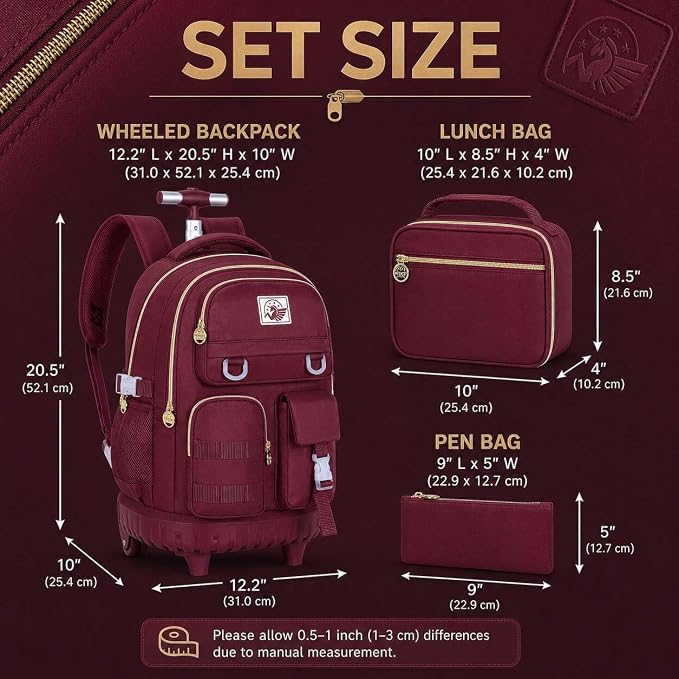 CCJPX Rolling Backpack for Girls, 21 inch Women Roller Wheels School Bookbag, Laptop Wheeled Water Resistant Wheeled Bookbag Set - Red