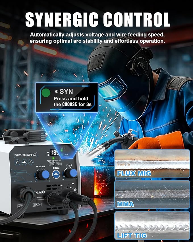 AZZUNO MIG Welder 135A & Welding Helmet Auto Darkening with True Color Large Viewing 3.94"×3.82", 3 in 1 MIG Welder Machine Flux Core Welder/Lift TIG/Stick Welding Machine