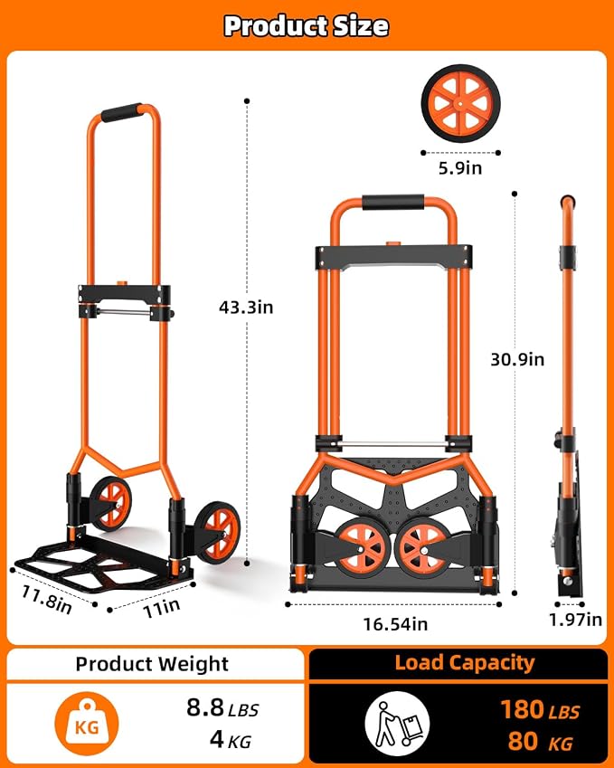 Folding Hand Truck, 180Lbs Capacity, Portable Dolly Cart with 5.9" Wheels and Telescoping Handle, Lightweight Hand Truck Dolly for Dormitory, Home, Office, Food, Shopping, logistics, Warehouse, Orange