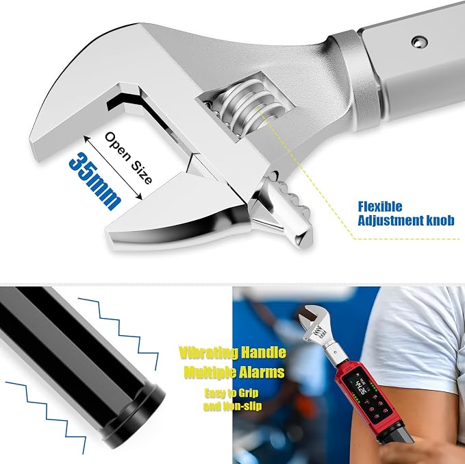 ANPUDS Adjustable Digital Torque Wrench, 0.66-44.29 Ft.lb, ±1% Accuracy | 0.9-60 Nm, 35mm Jaw & 3/8" Ratchet, 9×12mm Open End, Vibration, Buzzer and LED Indicator for for HVAC, Motorcycle, Plumbing