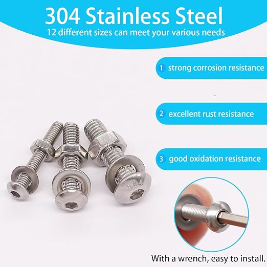 500PCS M3 M4 M5 Metric Screw Assortment Kit, 8-20mm Button Head Socket Cap Screws Bolts Nuts Washers Assortment Kit, 304 Stainless Steel Metric Bolts with 3 Hex Wrench