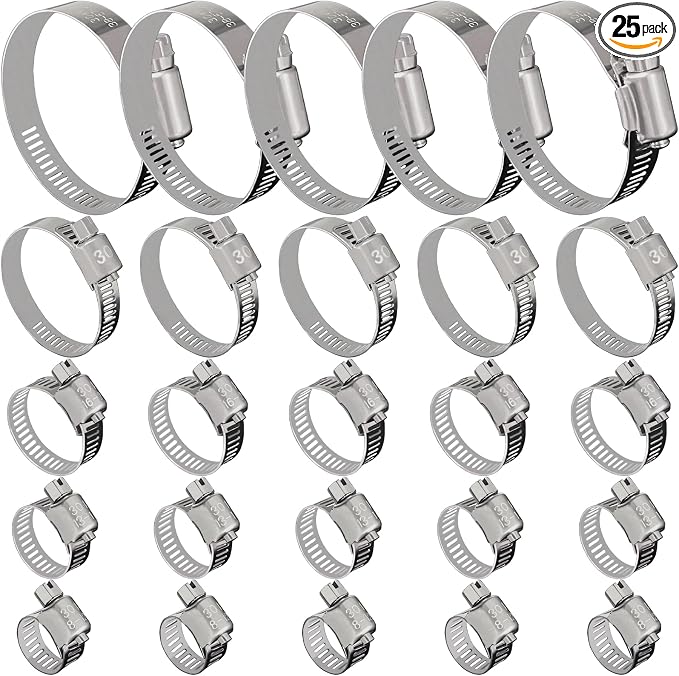 25 Pack Stainless Steel Hose Clamps Assortment Kit, Adjustable 8-57mm Worm Gear Hose Clamp Heavy Duty Duct Pipe Clamp for Plumbing, Fuel Line, Radiator, Mechanical, Automotive Application, Industrial