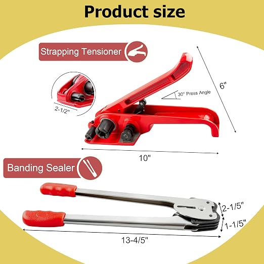 Heavy Duty Packaging Banding Strapping Kit, 4 in 1 Pallet Strapping Kit with Poly Strapping Tensioner, Banding Sealer Tool, 4000" Length Strapping Roll & 100 Metal Seals for Packing