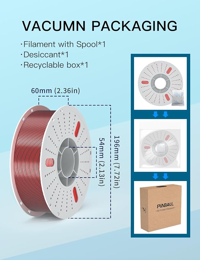 PINBALL Silk PLA 3D Printer Filament 1.75mm, Shiny Silk Dual Color 3D Printing Filament, PLA Filament Dimensional Accuracy +/- 0.02mm, 1 KG Silk Dual Color Black-Red