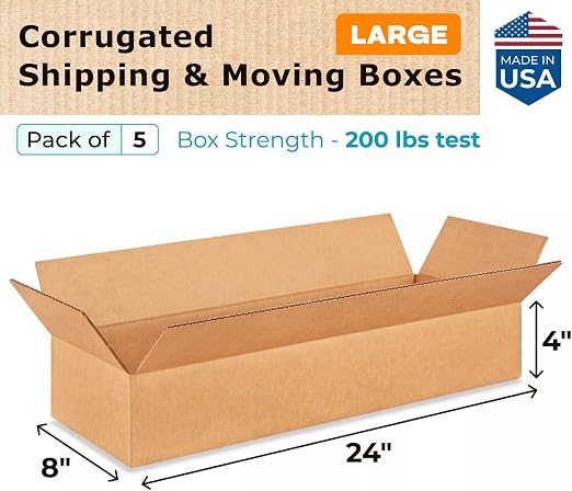 Large Shipping & Moving Boxes 24 x 8 x 4 inches (5-Pack) - Extra Strength 200 lb vs Regular - USA-Made Corrugated Cardboard Boxes for USPS/FEDEX - Packing Box for Moving - Big Box by IDL Packaging