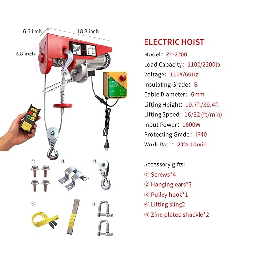 2200lbs Electric Hoist with Wireless Remote Control,110v Electric Hoist with Remote Control, 40ft/20ft Lifting Height & Motor, Lift Hoist for Factories Warehouses Construction Site Attic