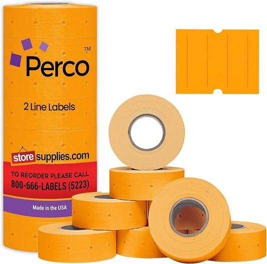 Perco 2 Line Fluorescent Orange Labels - 6,000 Blank Price and Date Gun Labels for Perco 2 Line Price and Date Guns - 8 Rolls, 1 Sleeve - Made in USA