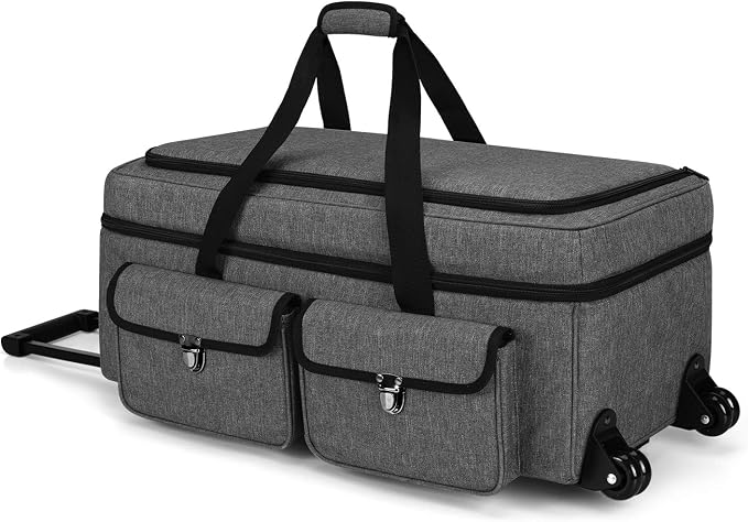 YARWO Rolling Craft Bag with Wheels Compatible for Cricut Explore 5/4/3, Maker 4/3, Cameo 5/4, Double Layers Die-cutting Machine Case with Multi Pockets for Craft Pen Sets, Cutting Mats&Supplies, Gray