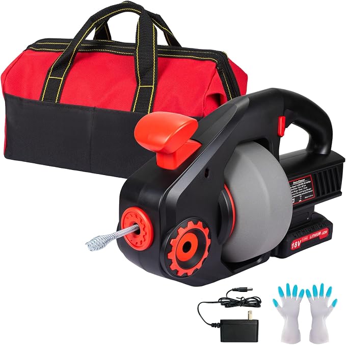 18V Cordless Electric Drain Auger-Efficient 25Ft Auto-Feed Drain Snake with Replaceable Cable,2.0Ah Battery,Charger,Storage Bag & Gloves for Kitchen,Bathroom,Shower Pipes （Red)