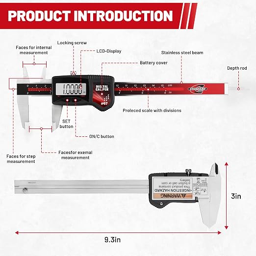 IP67 Digital Caliper Measuring Tool 0-6" Range, ±0.001" Accuracy Electric Micrometer Caliper with Large LCD Screen, Stainless Steel Electronic Digital Ruler with Auto-Off Feature