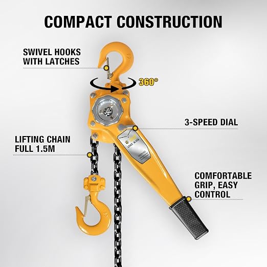 YELLOW JACKET 3 Ton Manual Lever Chain Hoist, G80 Galvanized Carbon Steel with Weston Double-Pawl Brake, Chain Come Along and Safety Measures for Chain Fall