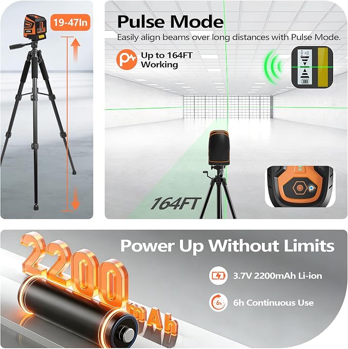 Lasers Level with Tripod, Green Self-Leveling lazer leveler tools | Dual laser modules with independent line control, self-leveling, USB-C rechargeable, tripod included, 164 ft pulse mode