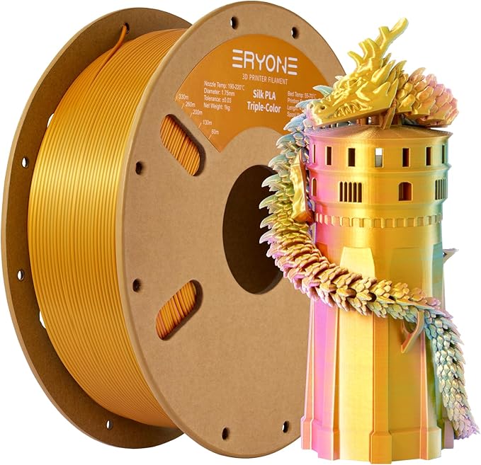 ERYONE Silk Tri Color PLA Filament 3D Printer 1.75mm +/- 0.03mm, Multicolor Filament Tricolor PLA 1KG(2.2lbs) Cardboard Spool, Turquosie&Reddish Orange&Gold