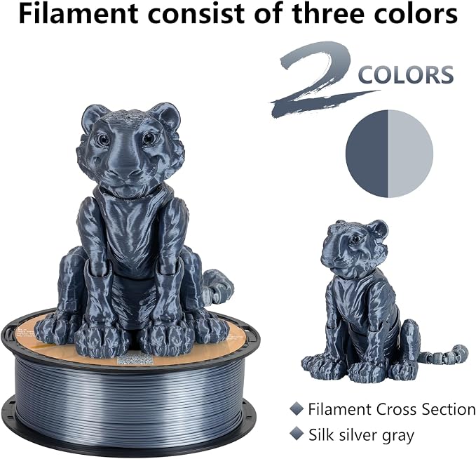Kingroon PLA Filament, Multicolor Silk PLA Filament, Dual Color 3D Printer Filament, 1.75 mm, Dimensional Accuracy +/- 0.03 mm, 1kg Spool(2.2lbs), Silver Grey