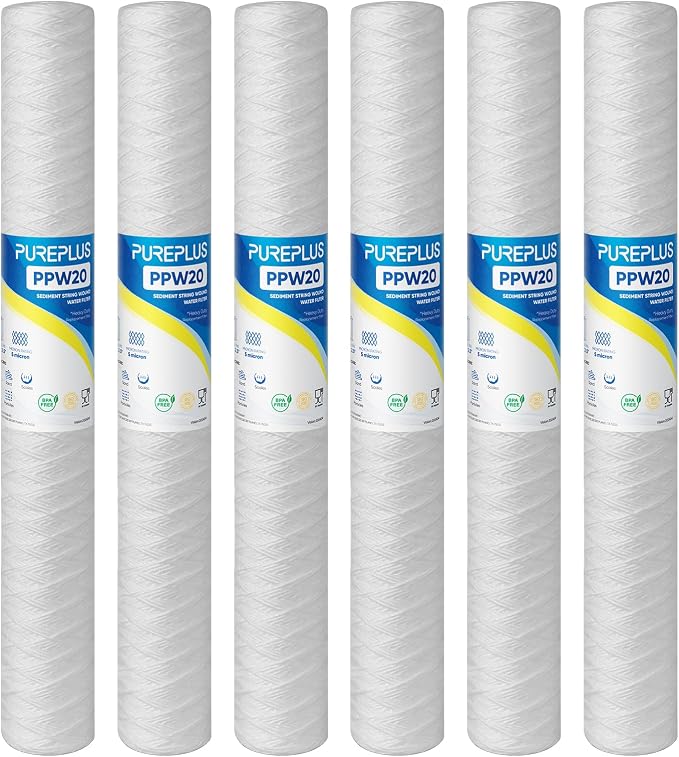PUREPLUS 5 Micron 2.5" x 20" Whole House String Wound Sediment Filter for Well Water, Replacement Cartridge for Aqua Pure AP110-2C, Pentek P1-20/SP-P1-20/PX01-20, WPP-F20-5, 6Pack